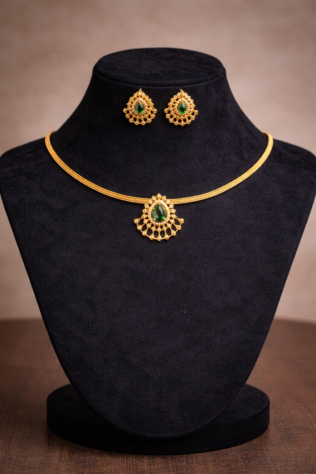 Elegant Temple Design Gold Plated Necklace Set with Green Stone Pendant &amp; Matching Earrings