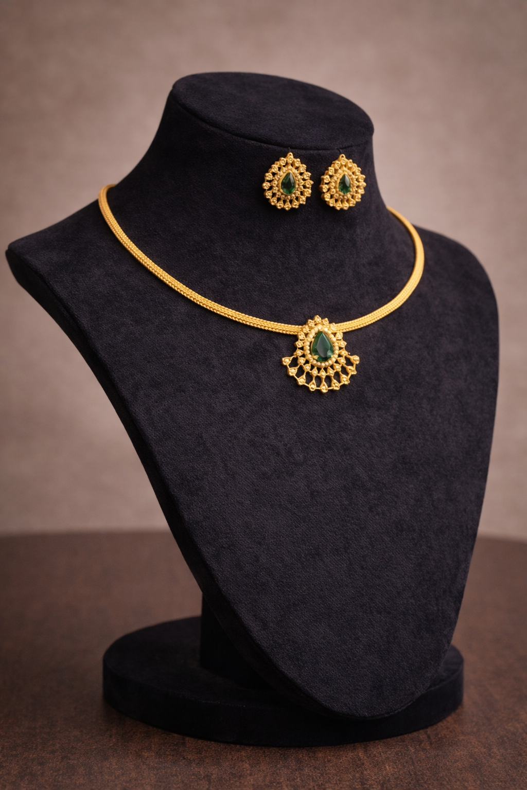 Elegant Temple Design Gold Plated Necklace Set with Green Stone Pendant &amp; Matching Earrings