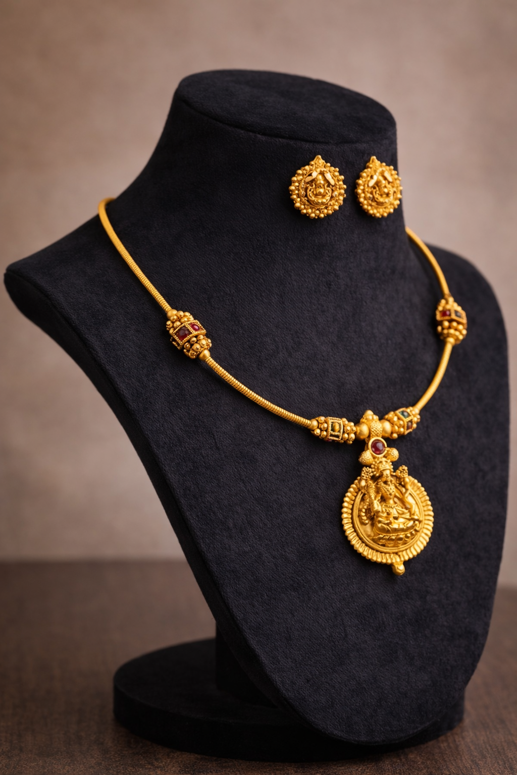 Temple Lakshmi Design Imitation Gold Necklace Set with Ruby & Green Stones