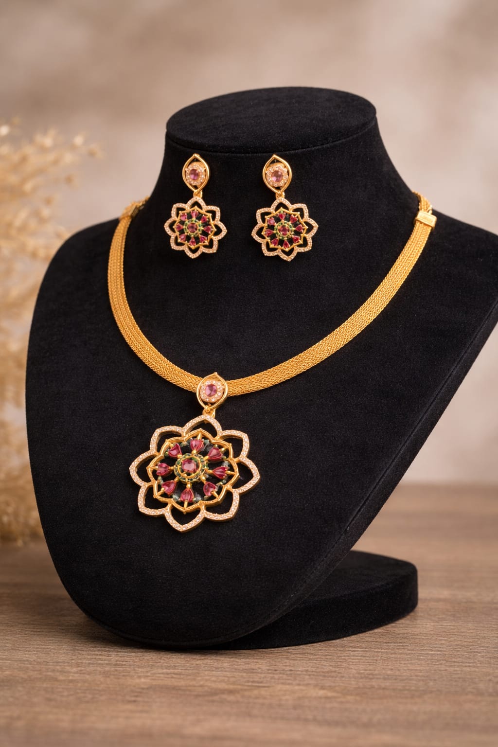 Floral Design Imitation Gold Necklace Set with Ruby Stones