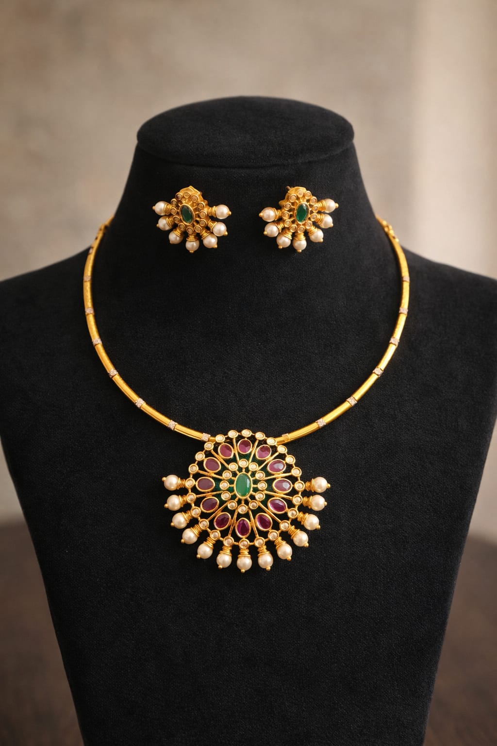 Temple Design Gold Plated Necklace Set with Ruby & Emerald Stones | Traditional Jewellery | My Fancy