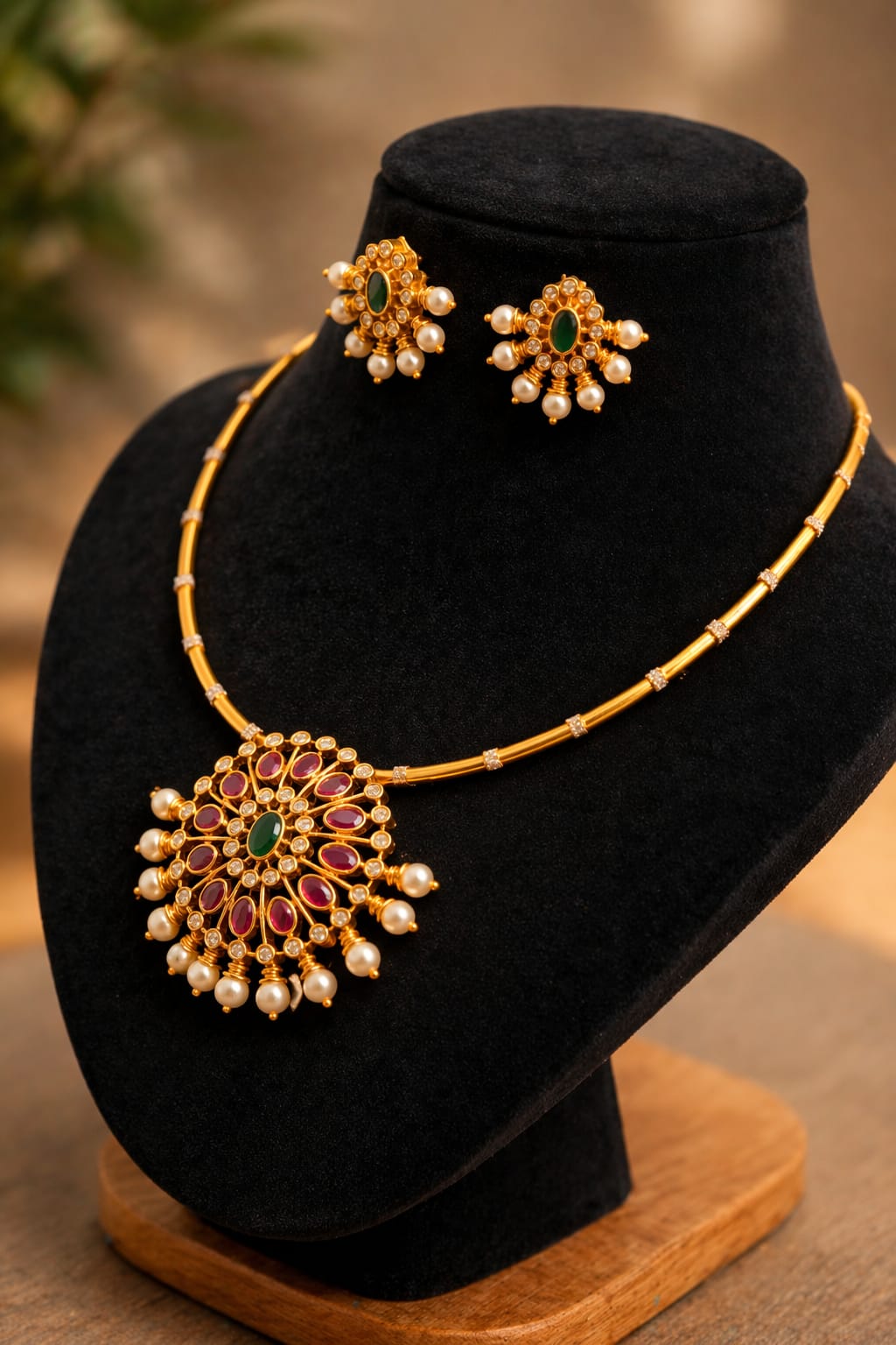Temple Design Gold Plated Necklace Set with Ruby & Emerald Stones | Traditional Jewellery | My Fancy