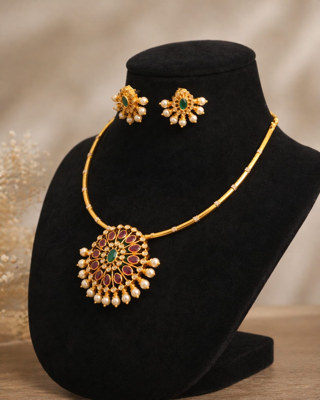 Temple Design Gold Plated Necklace Set with Ruby & Emerald Stones | Traditional Jewellery | My Fancy