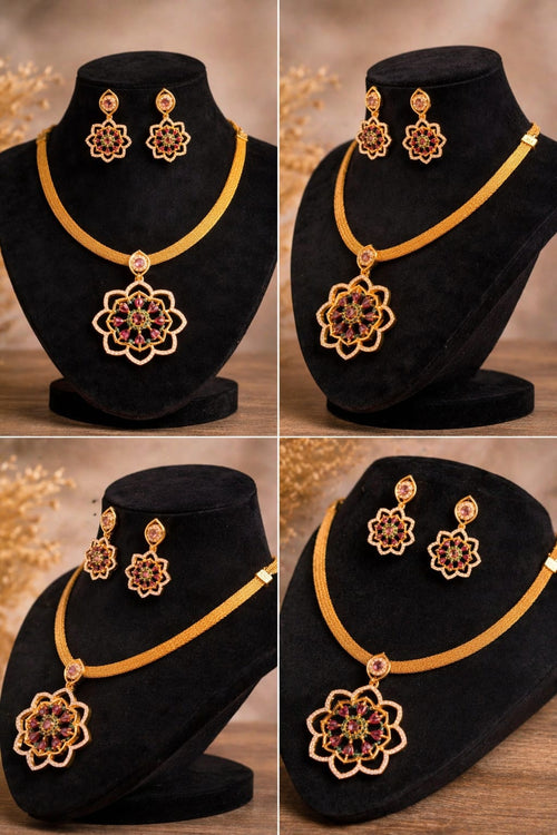 Floral Design Imitation Gold Necklace Set with Ruby Stones